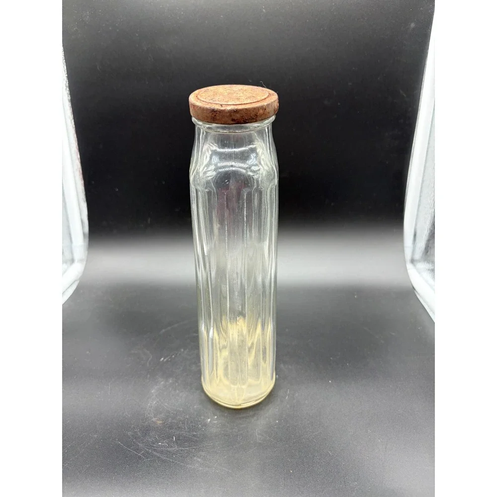 Vintage Ribbed Glass Bottle with Metal Cap Rustic Farmhouse Decor Storage‎